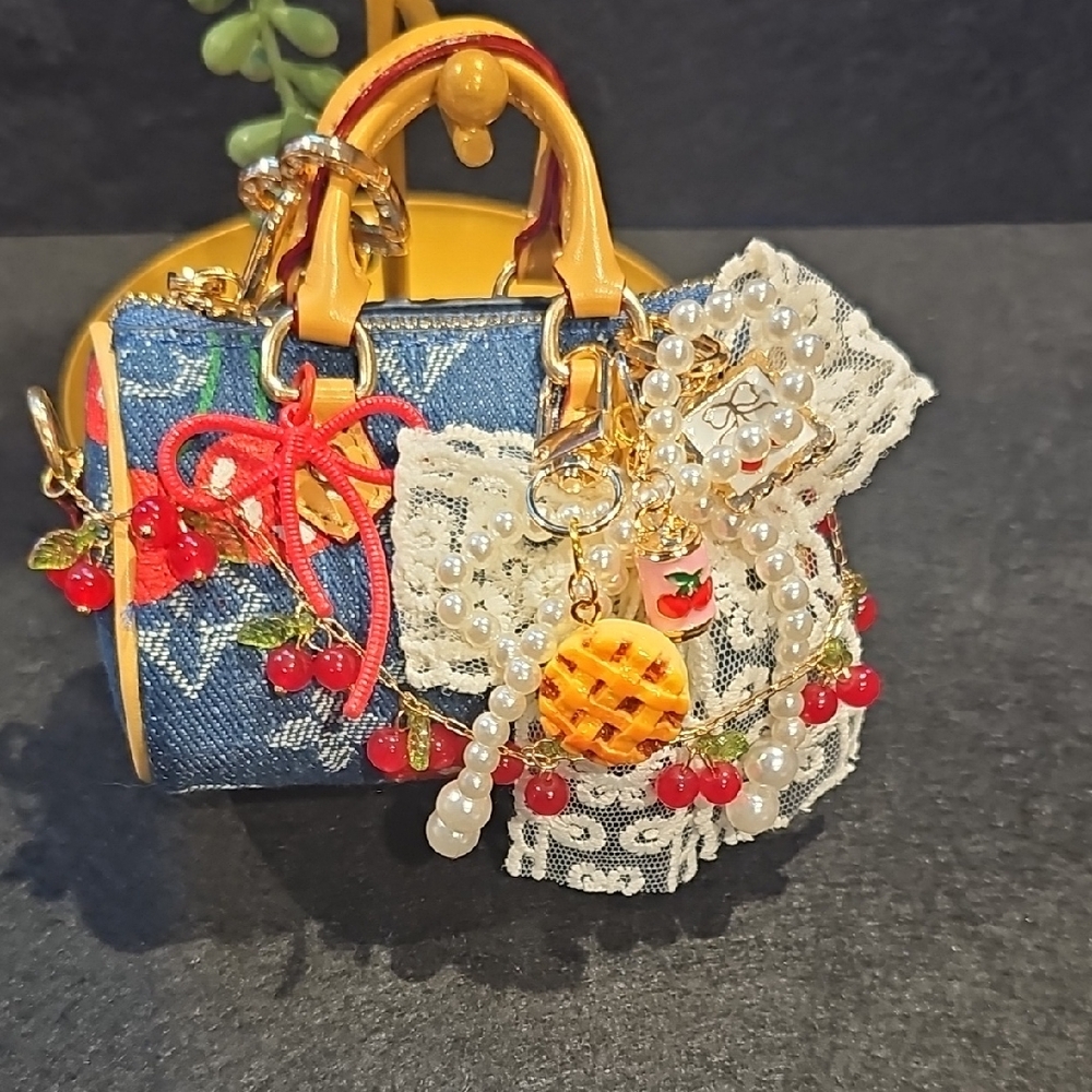 Denim Cherry Embellished Mini Bag Keychain with Pearls - Picture 5 of 6